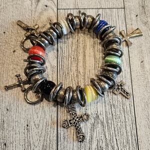 Stretch Bracelet Silver Tone Cross Charms Multicolor Beads Religious‎ Women's
